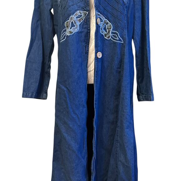 Vintage Styleworks Denim Duster Blue Embroidered Lace Long Jacket Sz 12 Boho - Picture 12 of 16